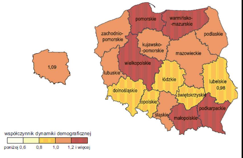 Mapa 4: Dynamika demograficzna w Polsce w 2010r.