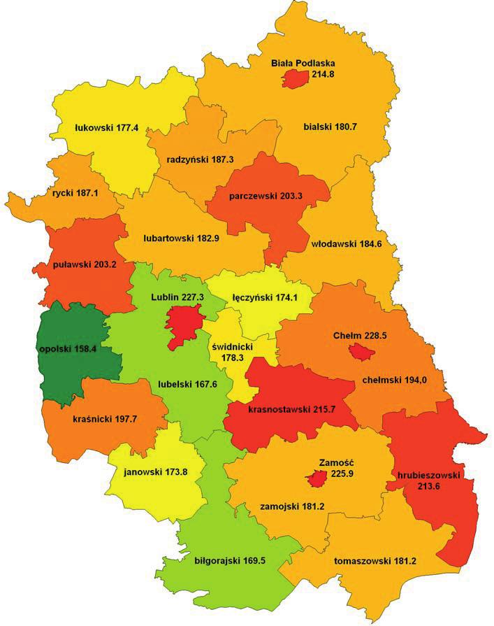 Mapa 7: Rozk ad geograficzny zachorowalno ci na nowotwory z o liwe