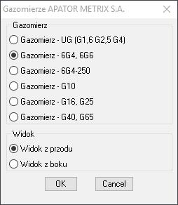 Po wywołaniu polecenia włącza się okienko, w któ rym trzeba wybrać wielkość gazomierza oraz widok, w jakim się wstawi