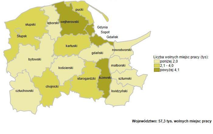 Należy zauważyć, że powiat tczewski wyróżnia się w regionie największą dynamiką wzrostu liczby wolnych miejsc pracy w porównaniu do I półrocza 2013 r.