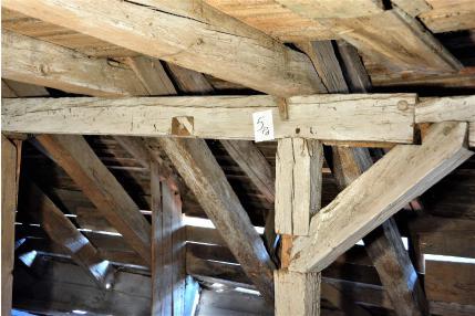 Fotografia nr 64/5pd - W obrębie słupa nr 5 pd belki konstrukcyjne więźby dachowej porażone są przez grzyby domowe.