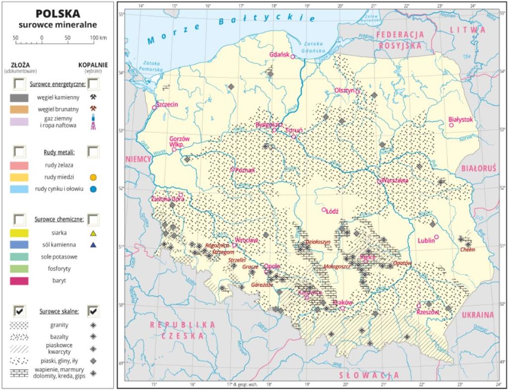 Rodzaj surowca Czas powstania Przykłady występowania gips neogen Niecka Nidziańska karbon Wyżyna Krakowsko- Częstochowska Wyżyna Kieleckowapienie Sandomierska, Wyżyna jura Lubelska, okolice Opola,