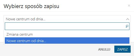 Zmiana centrum przez przeciąganie zmiana zostanie wykonana w aktualnym zapisie pracownika, bez tworzenia historii Zaznaczenie jednego pracownika lub grupy osób i naciśnięcie przycisku Zmiana centrum