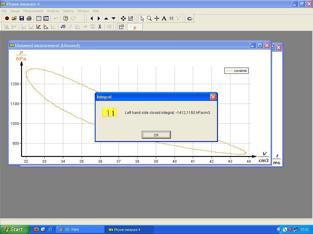 Na ekranie pojawi się wykres ciśnienia w funkcji objętości p = f(v) (Zdjęcie 17). Zdjęcie 17. Poprawnie uzyskany wykres pv. 5.