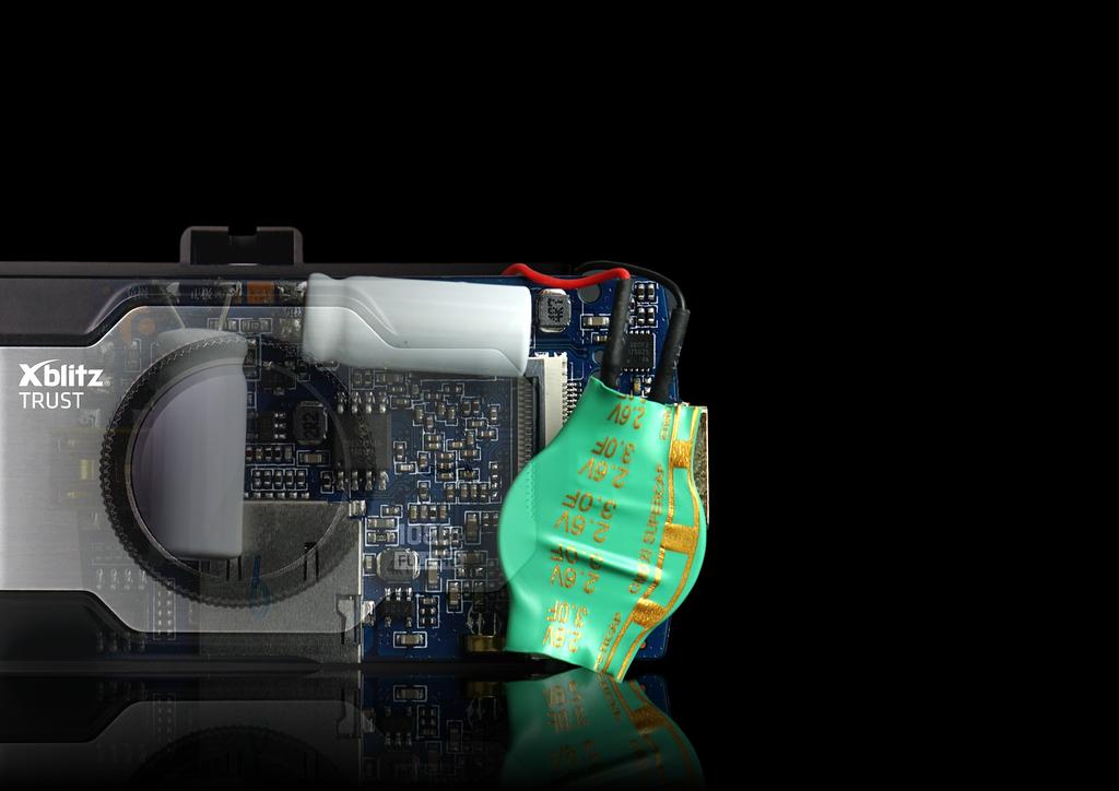 [SUPER KONDENSATORY] Xblitz Trust posiada innowacyjny system zasilania wewnętrznego, oparty o wbudowane super kondensatory, które stabilnie podtrzymują pracę kamery w trybach pracy końcowej.