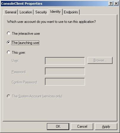 Zdalne uruchamianie obiektów COM Identity definiuje użytkownika, który zostanie użyty do uruchomienia komponentu: The interactive user - użytkownik aktualnie zalogowany.