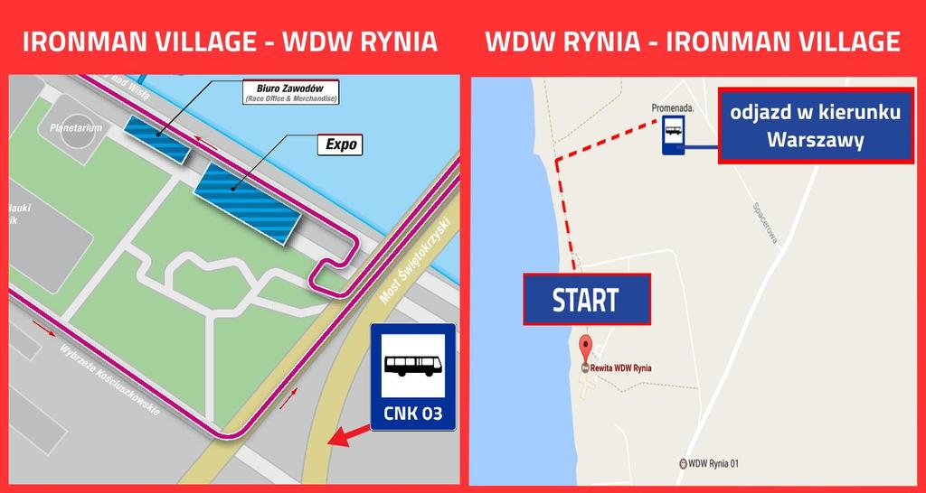 Z miasteczka triathlonowego na Bulwarze Wiślanym do Strefy startu i Strefy T1 kursować będą specjalne, bezpłatne autobusy.