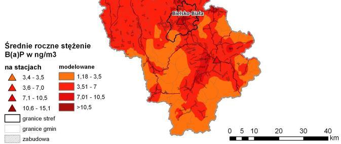 Rysunek 4. Rozkład stężeń 24-godzinnych pyłu zawieszonego PM10 wyrażonych jako 36-te stężenie w roku kalendarzowym w strefie śląskiej w 2012 r. Źródło: Program ochrony powietrza Rysunek 5.