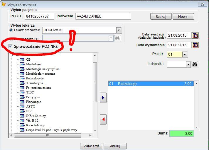 Zostanie wpisana data z lewej strony przycisku jako data wykonania badania.bo zostanie uznane za WYKONANE-POTWIERDZONE. Przyciskiem <Cofnij potwierdzenie > anulujemy błędnie wprowadzone potwierdzenie.