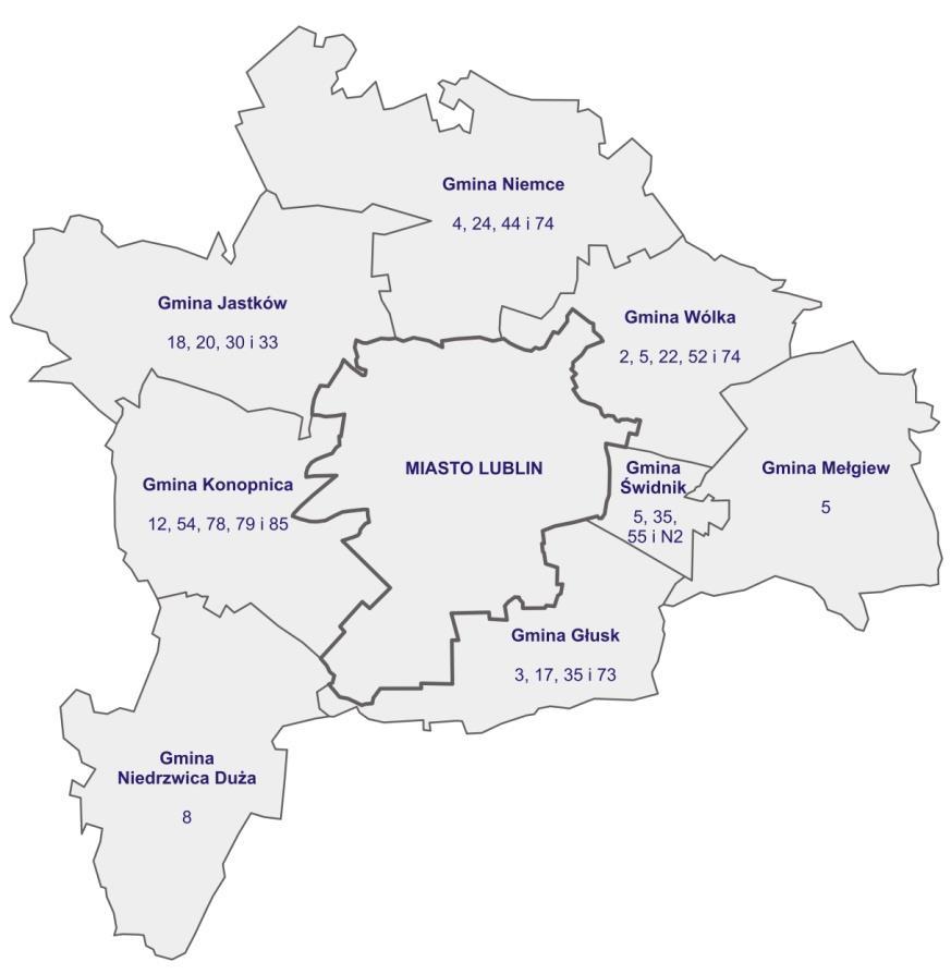Obszar funkcjonowania komunikacji miejskiej w Lublinie: miasto Lublin Gminy sąsiadujące z którymi Gmina Lublin podpisała porozumienia na organizację publicznego transportu zbiorowego Gmina Konopnica