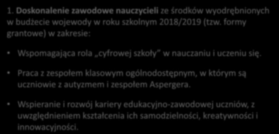 Wspomaganie realizowane poprzez: 1. Doskonalenie zawodowe nauczycieli ze środków wyodrębnionych w budżecie wojewody w roku szkolnym 2018/2019 (tzw.