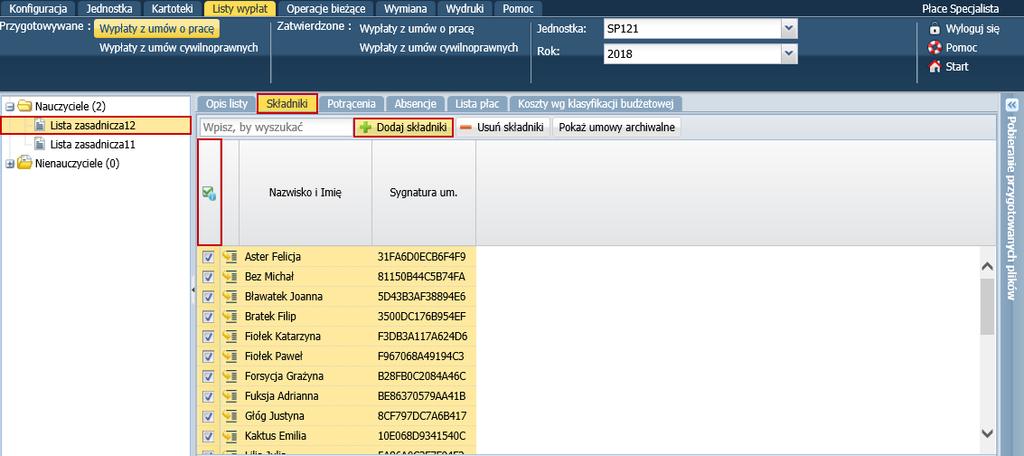 Przejdź na kartę Składniki i zaznacz nauczycieli, których chcesz umieścić na liście płac (poprzez