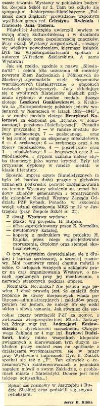 listopada Pisali o wystawie : Filatelista nr 16/85 i 5/86 Trybuna Robotnicza w dn. 29.
