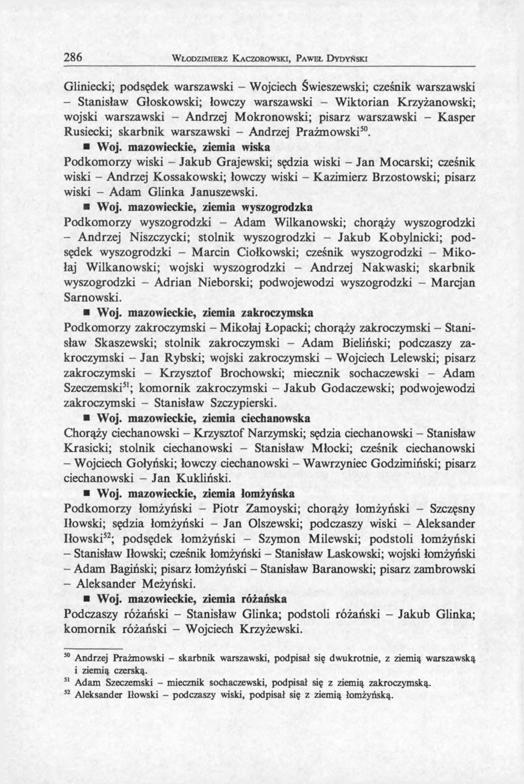 286 W łodzim ierz K aczorow ski, P aw eł D ydyński Gliniecki; podsędek warszawski - Wojciech Świeszewski; cześnik warszawski - Stanisław Głoskowski; łowczy warszawski - Wiktorian Krzyżanowski; wojski