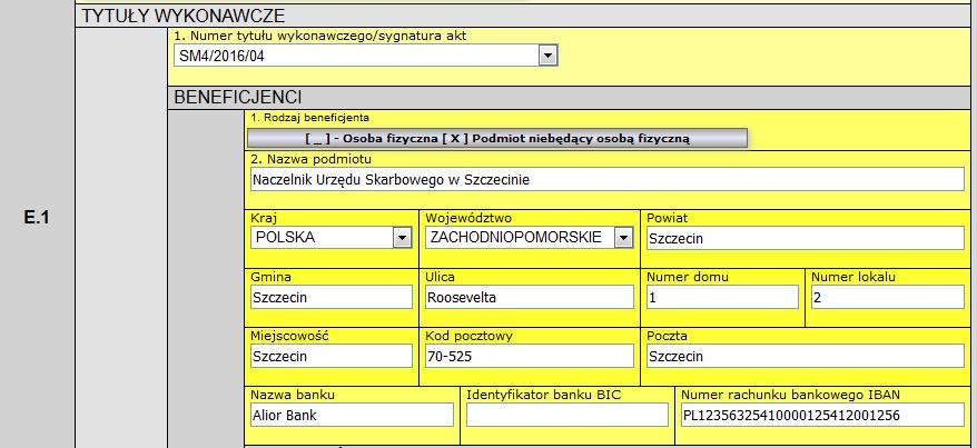 Formularz umożliwia dodawanie/usuwanie do danego tytułu wykonawczego różnych typów