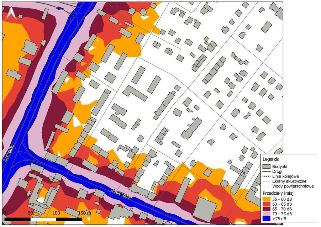 Rys. 10.13. Mapa Imisji L DWN hałasu drogowego dla skrzyżowania ulic Lwowskiej i Krakowskiej od ul. Piłsudskiego do ul. Stromej przed zastosowaniem działań naprawczych Rys. 10.14.