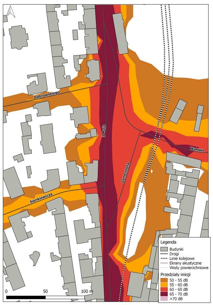 Rys. 10.31. Mapa Imisji L N hałasu drogowego dla ul. 3 Maja na odcinku od ul. Piastowskiej do ul. Zamkowej przed zastosowaniem działań naprawczych Rys. 10.32.