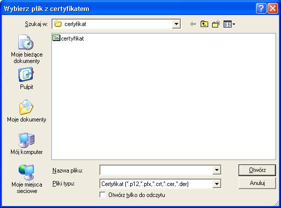 Rysunek 47: Okno dialogowe Wybór pliku z certyfikatem Po wskazaniu pliku należy podać kod PIN do profilu zwykłego karty.