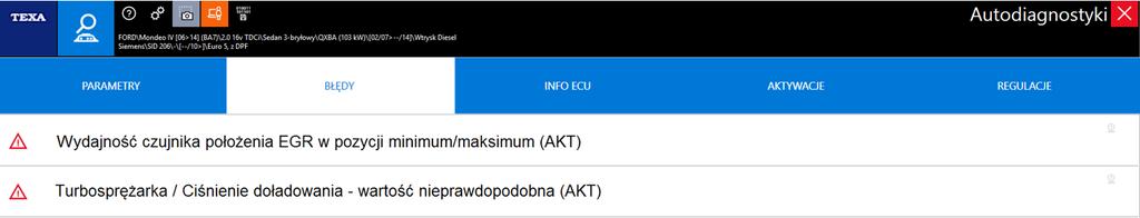 Sterownik zarejestrował błędy z wydajności pracy zaworu EGR oraz ze sterowania ciśnieniem doładowania (fot. 2).