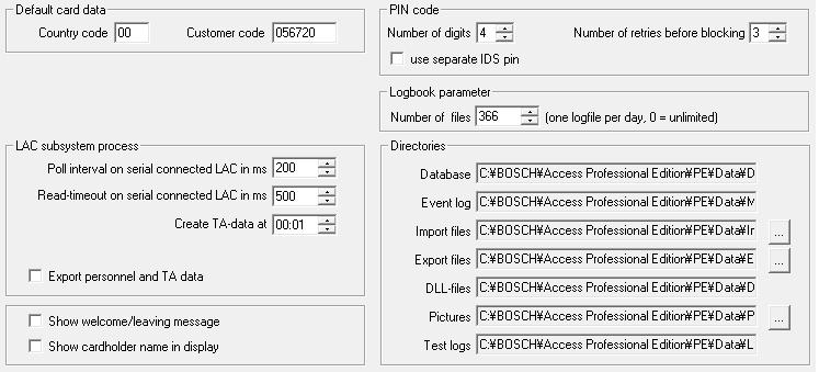 28 pl Informacje ogólne Access Professional Parametr Domyślne Opis Kod kraju 00 Części danych karty Kod klienta 056720 identyfikacyjnej dodawane są do wprowadzonego ręcznie numeru karty.