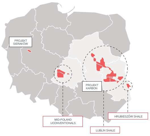 Wydobycie Projekty poszukiwawcze w Polsce Polska Projekty poszukiwawcze gazu łupkowego Dotychczas wykonano 10 odwiertów: 7 pionowych, 3 poziome oraz przeprowadzono 3 szczelinowania odcinków poziomych