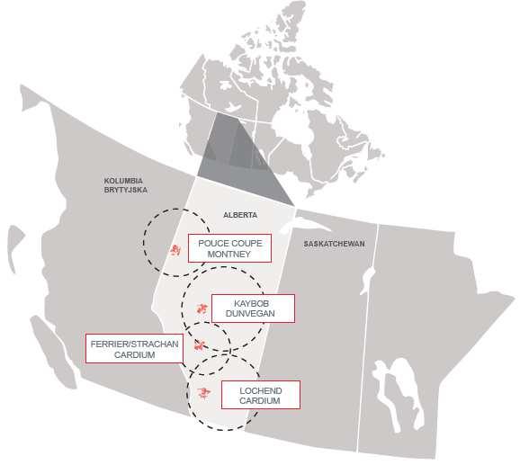 Wydobycie Projekty wydobywcze w Kanadzie Kanada TriOil - spółka wydobywcza Aktywa Po zamknięciu transakcji nabycia spółki Birchill Exploration i połączenia jej z TriOil w czerwcu 2014 r.