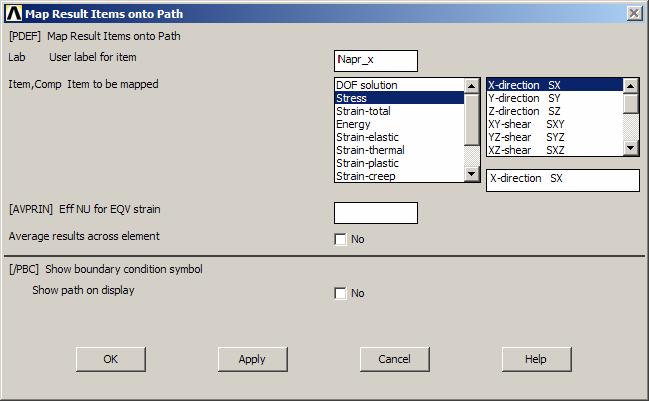 . Wykres naprężeń Path Operations>Map ontho Path... Path Operations>Plot Path Items... maks.