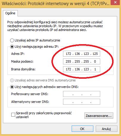 Jeśli segment sieci komputera jest inny, ustaw taki sam segment IP jaki ma kamera.