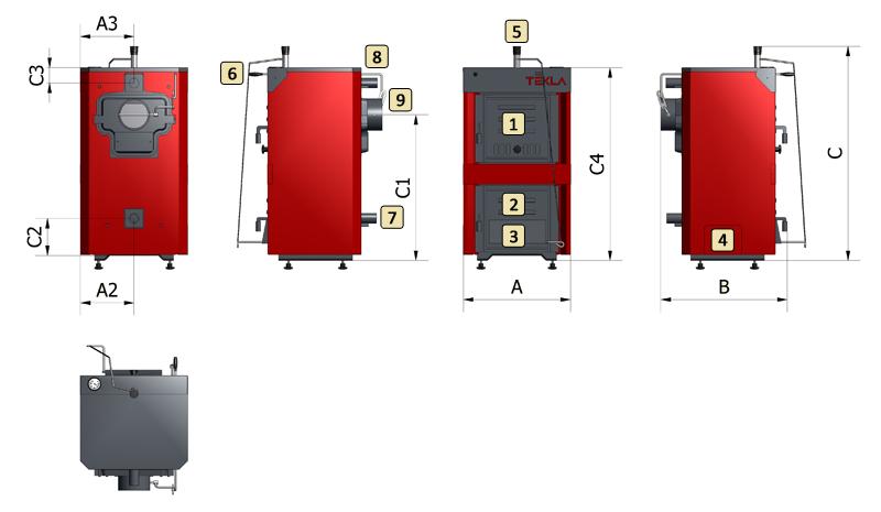 1 Drzwi załadunkowe 5 Miarkownik ciągu 2 Drzwi popielnikowe 6 Cięgno regulacji położenia szybra 3 Klapka miarkownika ciągu 7 Króciec powrotu c.o. 4 Miejsce montażu dmuchawy w przypadku kotła wyposażonego w sterownik 8 Króciec zasilania c.