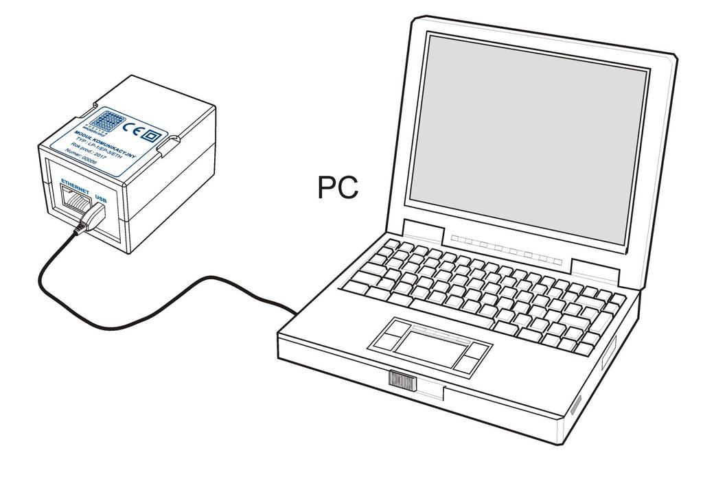 Rysunek 25. Sposób podłączenia modułu LP-1/EP-3/ETH do komputera Po uruchomieniu programu wyświetlone zostanie główne okno programu Konfigurator modułów ETH.