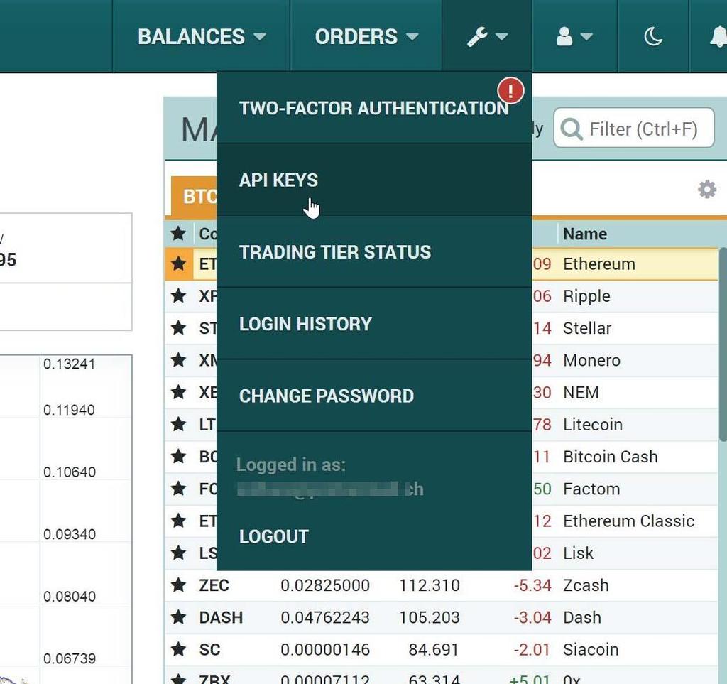 Poloniex Po zalogowaniu się na giełdę, klikamy w menu ustawień i wybieramy API KEYS.