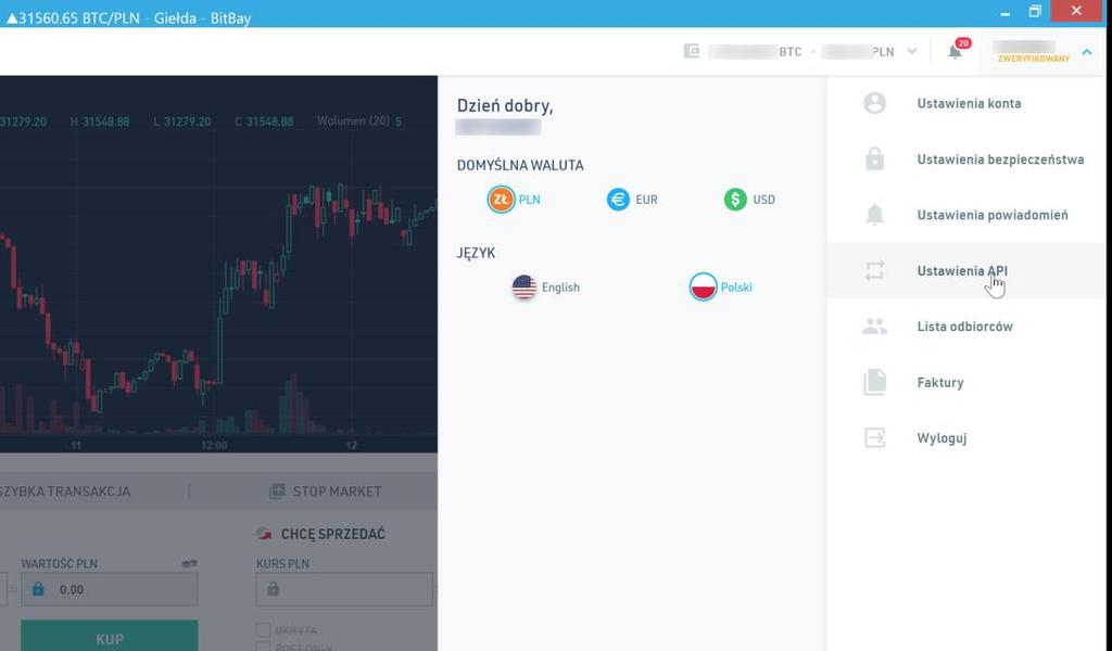 BitBay Po zalogowaniu się do panelu klienta, należy z menu wybrać Ustawienia API.