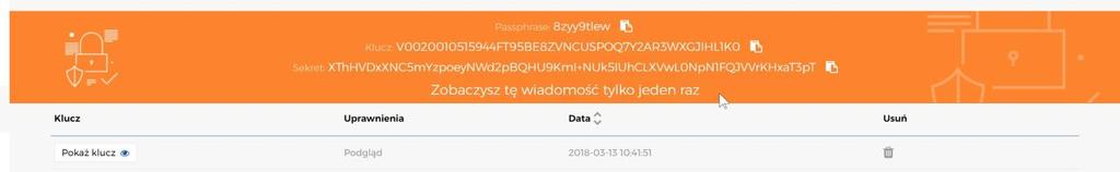 Może być wymagana dodatkowa akcja, w przypadku korzystania z weryfikacji dwuskładnikowej. Klucz zostanie wygenerowany, a następnie wyświetlony.