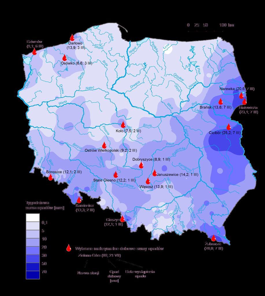 3. Rozkład tygodniowej sumy opadów oraz wybrane maksymalne