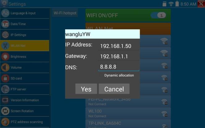 Naciśnij i przytrzymaj WIFI przez kilka sekund, aby ustawić statyczny adres IP.