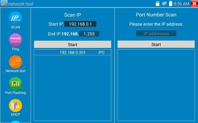 3.14 Test kamer CVI. 3.3.17 Narzędzia sieciowe (1)Skanowanie adresów IP Podłącz kabel sieciowy do portu LAN i kliknij ikonę, aby wejść do interfejsu sieci.