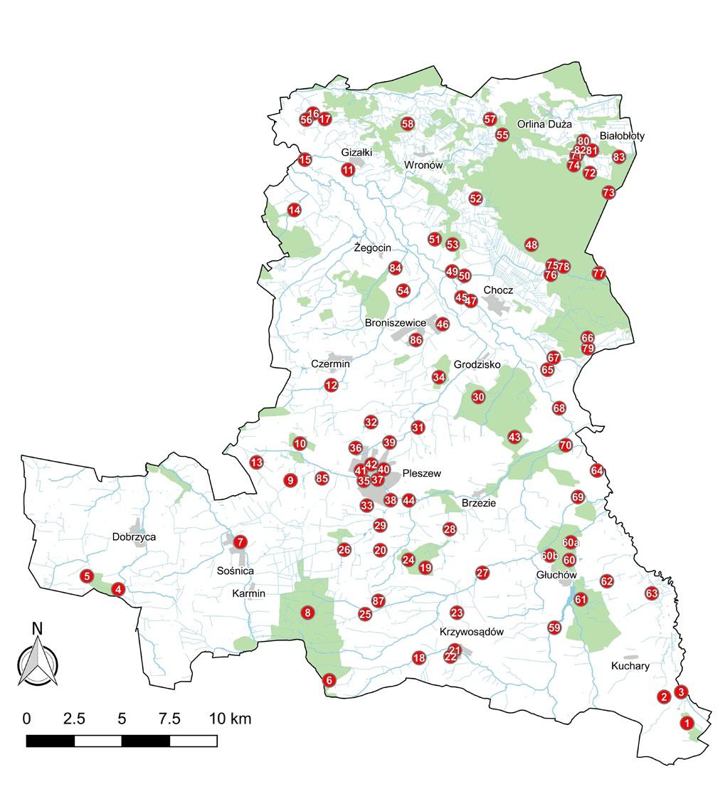 Przegląd Przyrodniczy XXIX, 2 (2018) Ryc. 1. Rozmieszczenie badanych stanowisk kózkowatych (Cerambycidae) w powiecie pleszewskim w latach 1979-2018. Fig. 1. Distribution of longhorn beetles (Cerambycidae) sampling sites in Pleszew District in 1979-2018.