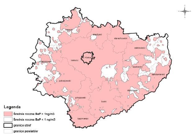 Udokumentowany pomiarami obszar przekroczeń poziomu docelowego benzo(a)pirenu obejmował większość obszaru województwa świętokrzyskiego, w tym Gminę Samborzec (mapa 11).