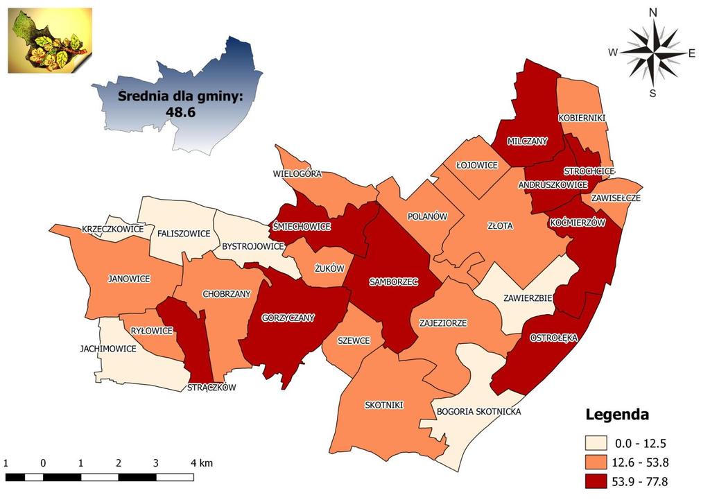 Mapa 16 Rozkład wartości wskaźnika udział osób bezrobotnych zarejestrowanych pozostających bez pracy dłużej niż 12