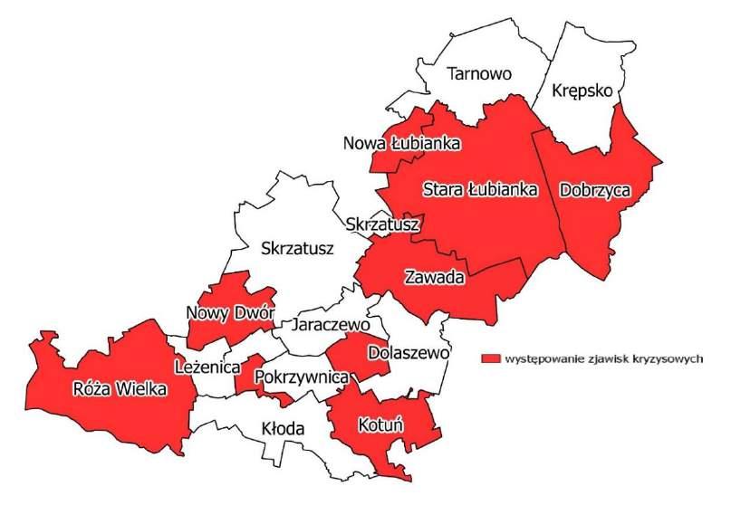 Rycina 15. Mapa przedstawiająca wyniki egzaminu gimnazjalnego w sołectwach Gminy Szydłowo w 2015 roku.