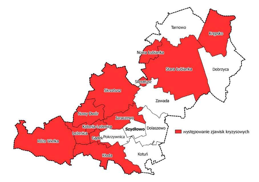 Rycina 25. Mapa przedstawiająca liczbę oddanych do użytkowania budynków mieszkalnych w sołectwach Gminy Szydłowo w latach 2014-2016.