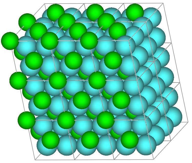 Przykładowa struktura jonowa: kationy Ca 2+ w lukach pomiędzy anionami Cl - Idealny kryształ jonowy powinien mieć sieć zbudowaną przez gęsto