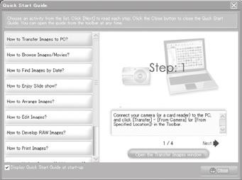 Obsługa programu OLYMPUS Master 2 Po uruchomieniu programu OLYMPUS Master 2 zostanie wyświetlone okno Quick Start Guide (Pierwsze kroki), które zawiera informacje ułatwiające korzystanie z aparatu.