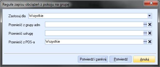 Opcja Przenieś zgodnie z nr pokoju - obciążenia przynależne do pokoju pojawiają się na rozliczeniu pokoju do którego należą. Opcja Przenieś na pokój - przeniesienie obciążeń z pokoju A do np.