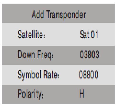 Funkcje: zgodnie z wymaganiami użytkownika, można tutaj dodawać transpondery. Obsługa: wybierz i wejdź w menu Dodaj transponder jak poniżej 1.