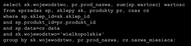 Wykorzystanie DIMENSION (1) create materialized view mv_sprzedaz6 refresh complete enable query rewrite as select sk.miasto, pr.prod_nazwa, cz.nazwa_miesiaca, sum(sp.