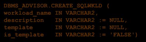 SET_TASK_PARAMETER (:template_name, 'INDEX_NAME_TEMPLATE', 'SH_IDX$$_<SEQ>'); DBMS_ADVISOR.SET_TASK_PARAMETER (:template_name, 'MVIEW_NAME_TEMPLATE', 'SH_MV$$_<SEQ>'); DBMS_ADVISOR.