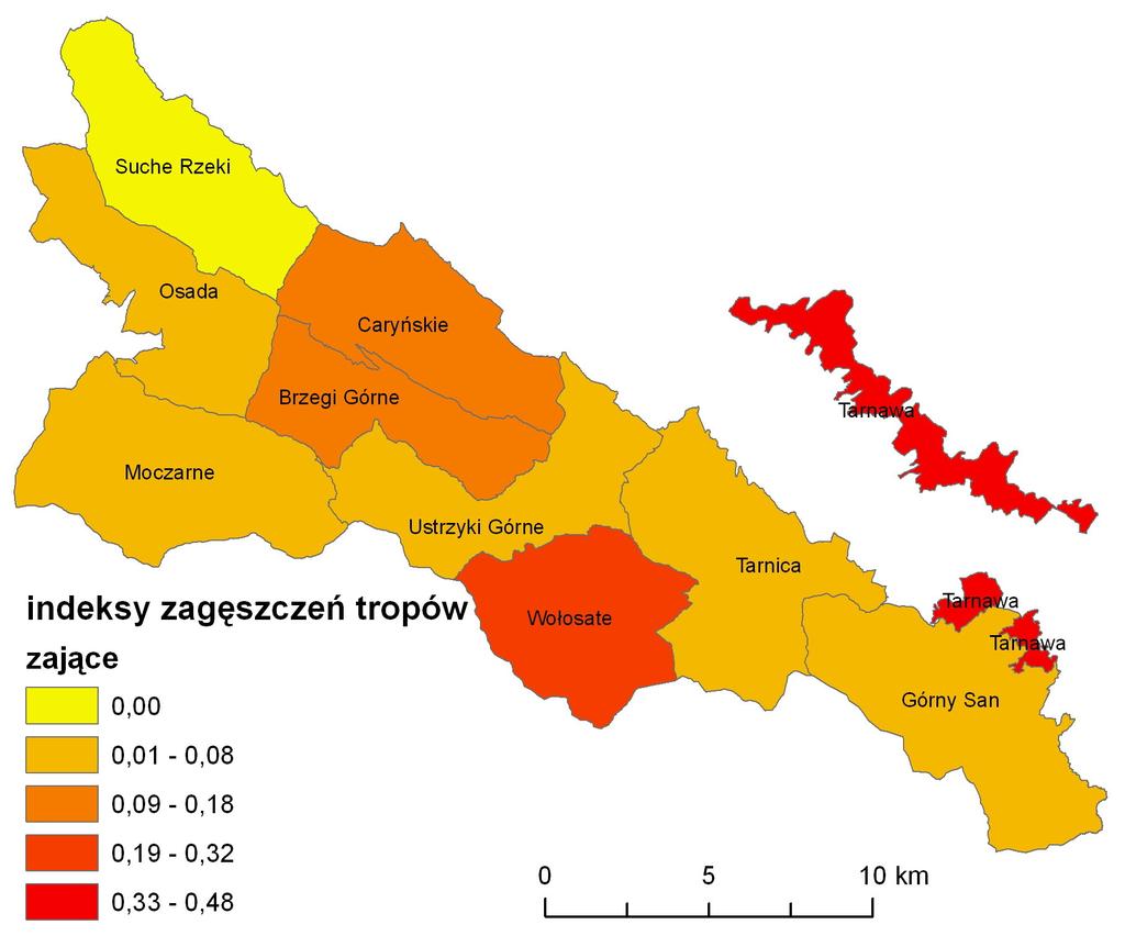 Indeksy zagęszczeń tropów zajęcy Uśrednione wartości indeksów zagęszczeń tropów zajęcy osiągnęły maksima w obwodach: Tarnawa (IZ=0,48), Wołosate