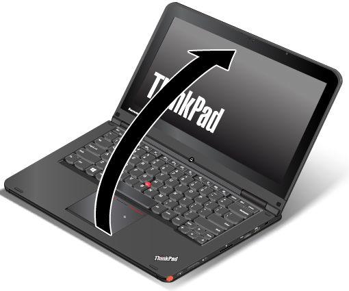 Powoli otwórz ekran komputera w sposób przedstawiony na poniższej ilustracji. Komputer jest teraz w trybie notebooka.