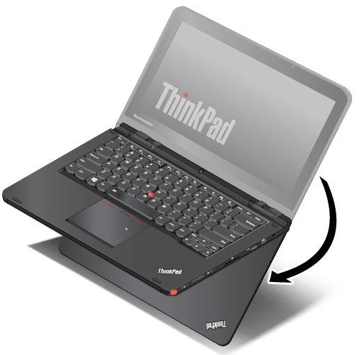 2. Ustaw komputer w pokazany sposób. Komputer jest teraz w trybie standu. W trybie standu automatycznie wyłączana jest klawiatura, trackpad ThinkPad oraz wodzik urządzenia TrackPoint.